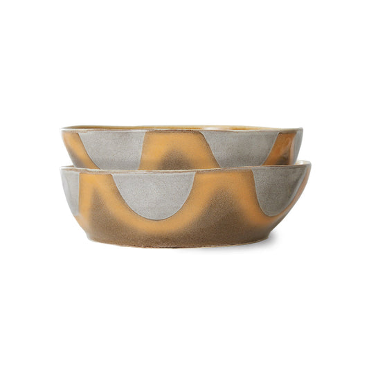 two stoneware retro inspired bowls with brown cream and gray glaze