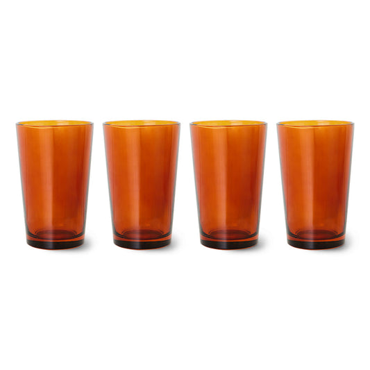 4 tall tumblers made from orange glass