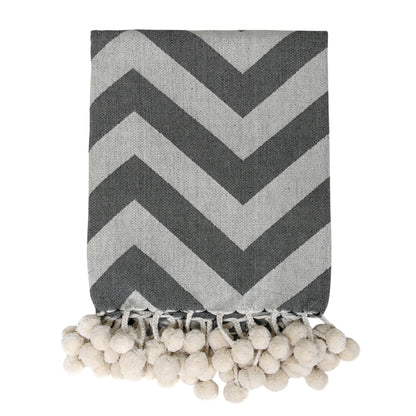 grey throw blanket with chevron stripes and pompoms