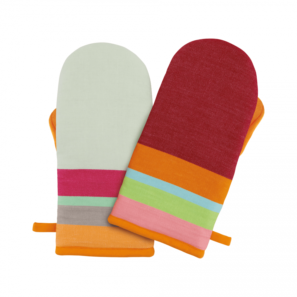 Double Oven Gloves With Red Orange Pink Stripes 