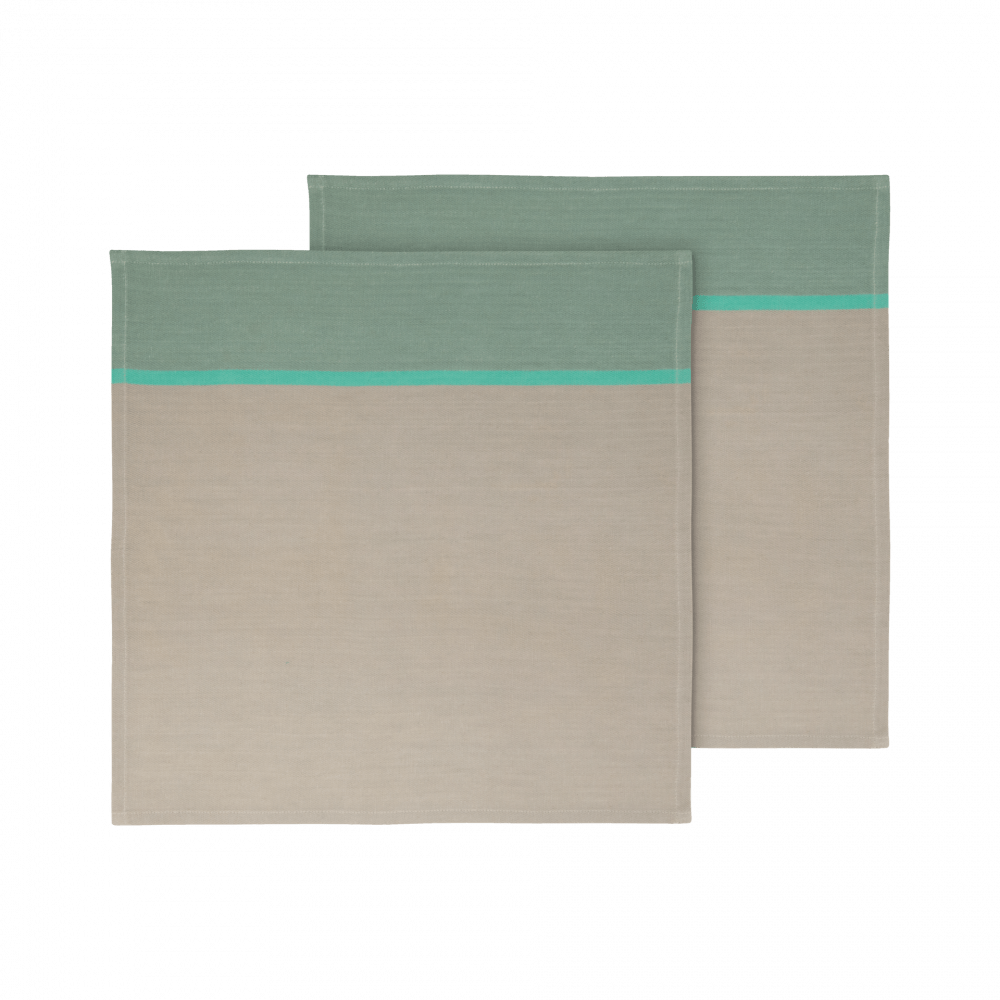 two natural cotton napkins in mint green and taupe color