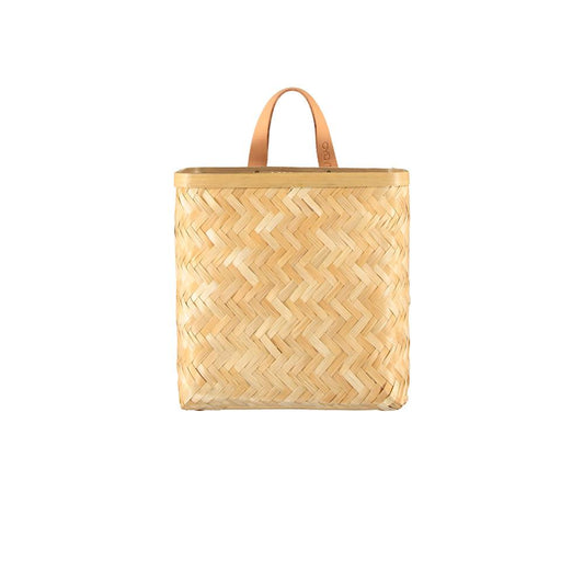 bamboo square wall basket with leather hanging