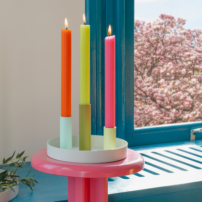 magnetic tray with 3 candle stick holders on pink accent table