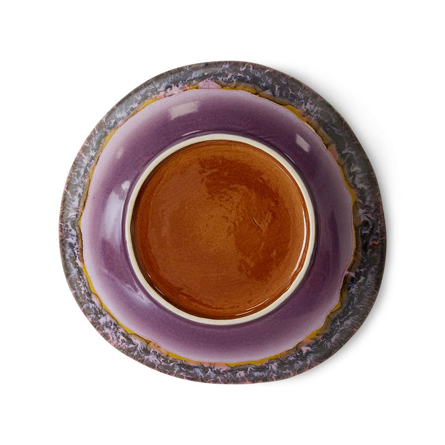 retro style deep plates with burnt orange inside and purple tones outside reactive glaze