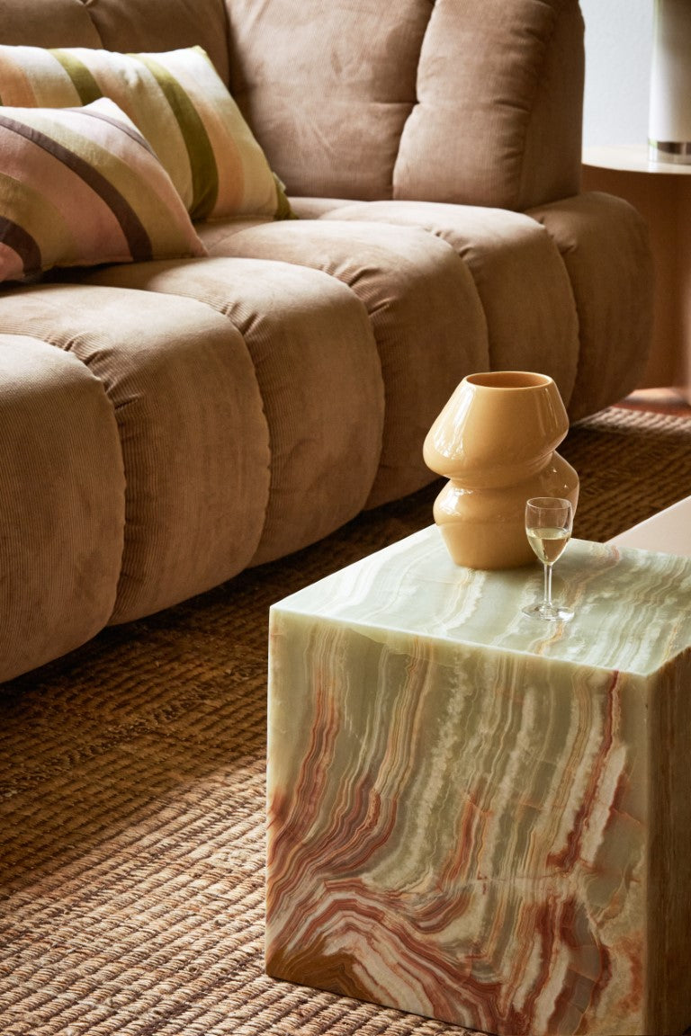 solid onyx green marble block table with vase and small wine glass