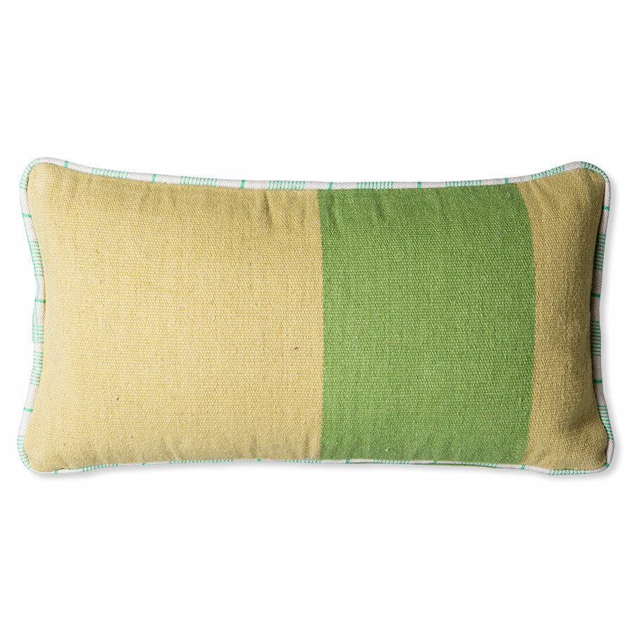 yellow and green handwoven woolen lumbar pillow with piping