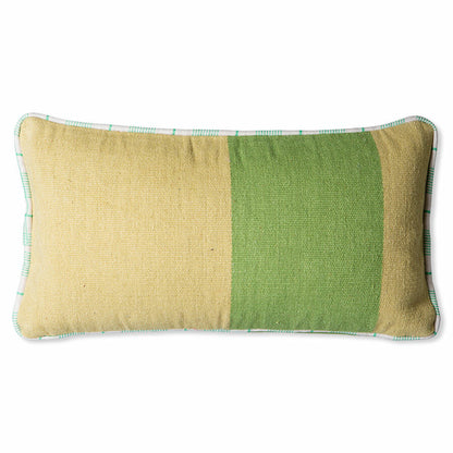 yellow and green handwoven woolen lumbar pillow with piping