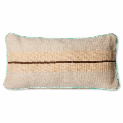  handwoven lumbar shaped woolen pillow with brown stripe and green piping