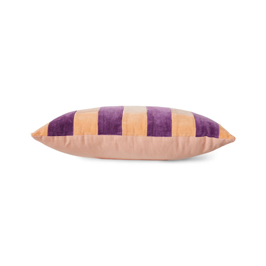 velvet lumbar pillow with peach, pink and purple stripes 