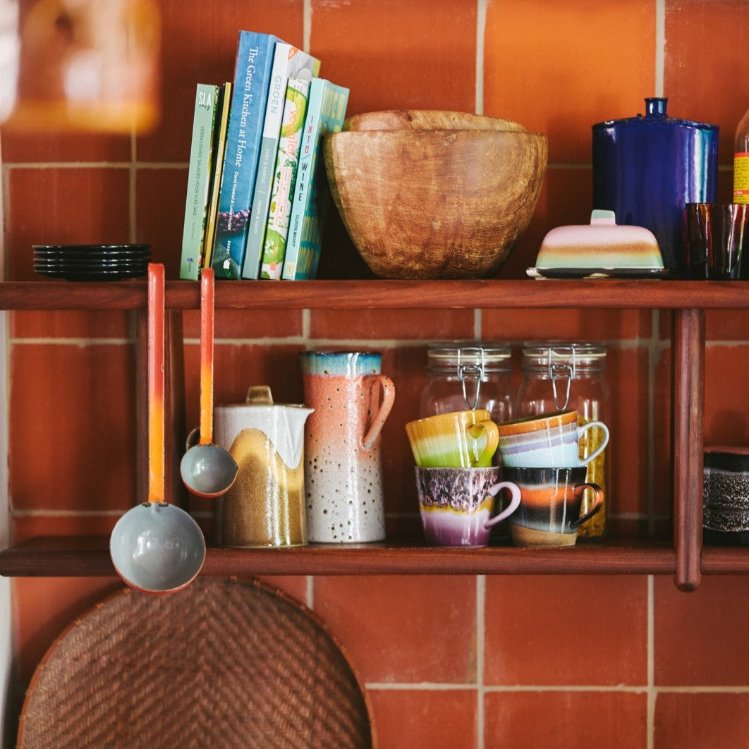 retro style cappuccino mugs in 70s style kitchen