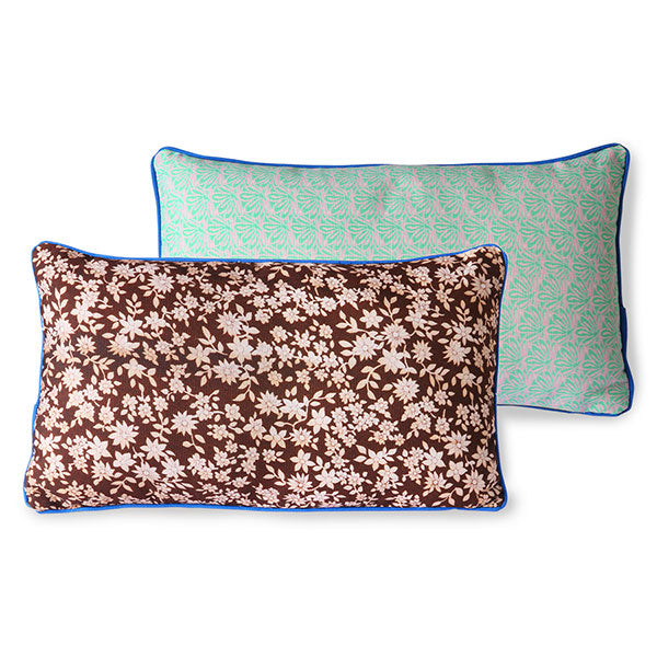 double sided lumbar pillow in brown and green colors with blue trim