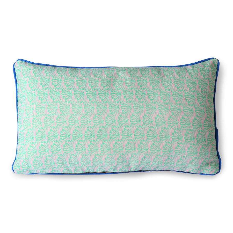double sided lumbar pillow in brown and green colors with blue trim