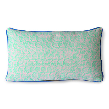 double sided lumbar pillow in brown and green colors with blue trim