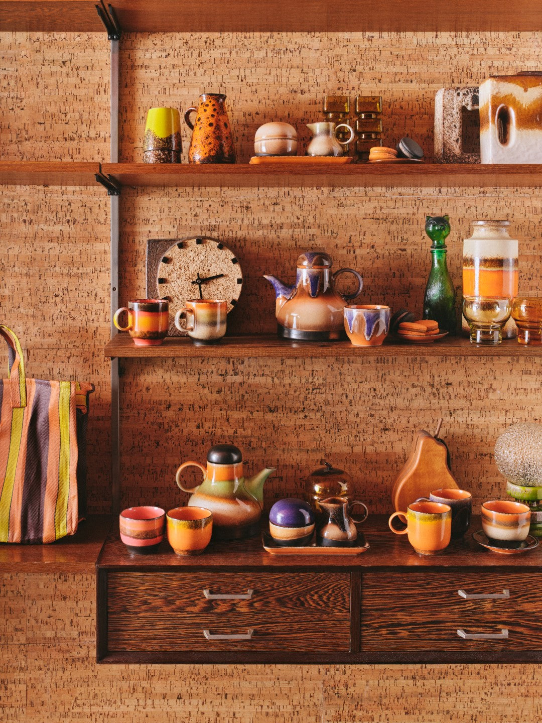 retro style tableware in orange blue and brown colors