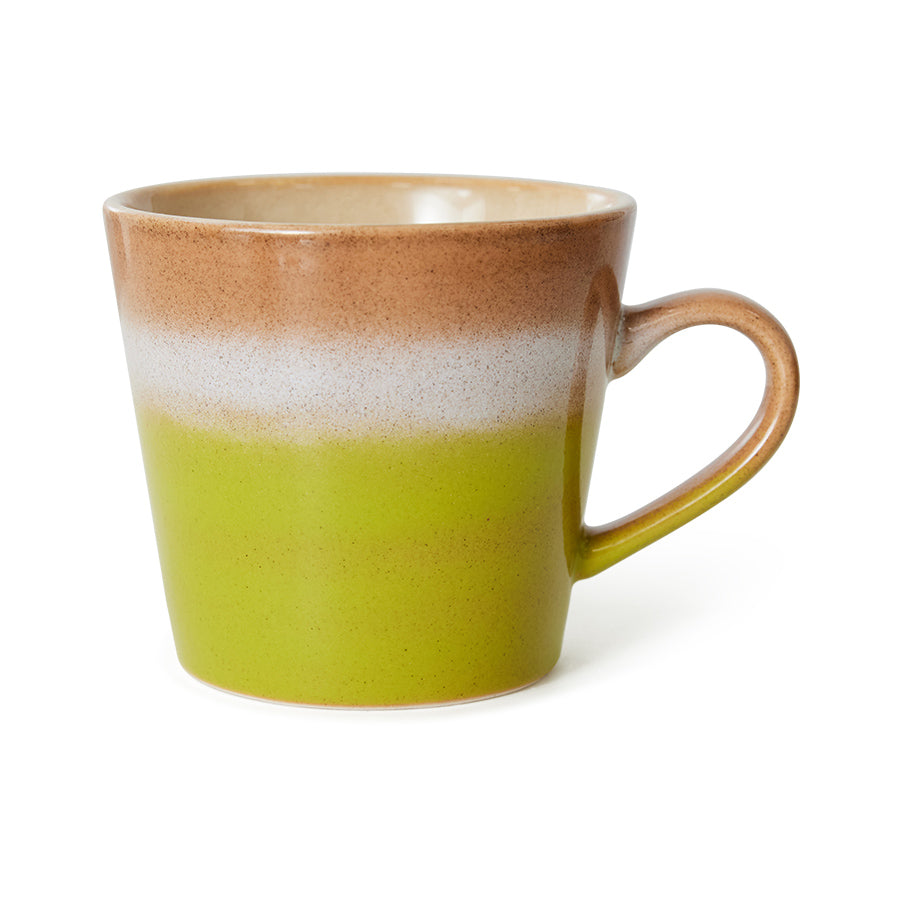 brown, white neon green cappuccino mug with ear