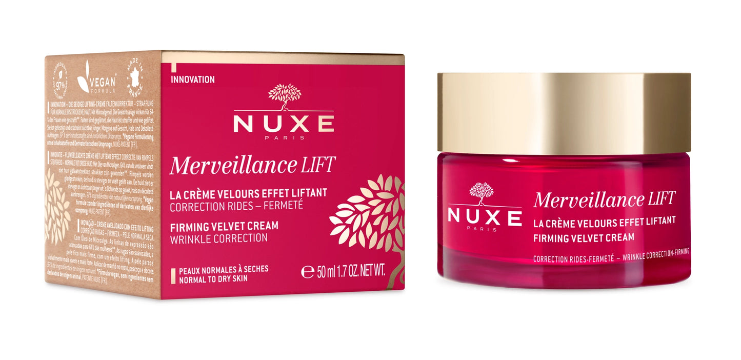 red jar filled with Nuxe marveillance firming lift cream for face and neck