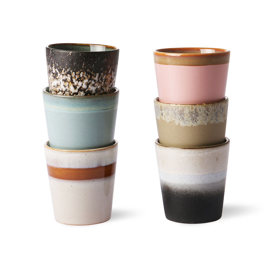 2 stacks of stoneware tumbler coffee mugs in retro design