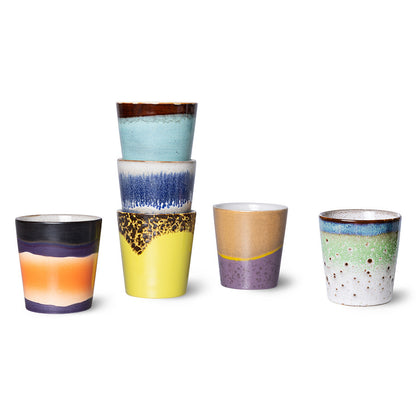 6 ceramic tumbler mugs in retro design bright colors