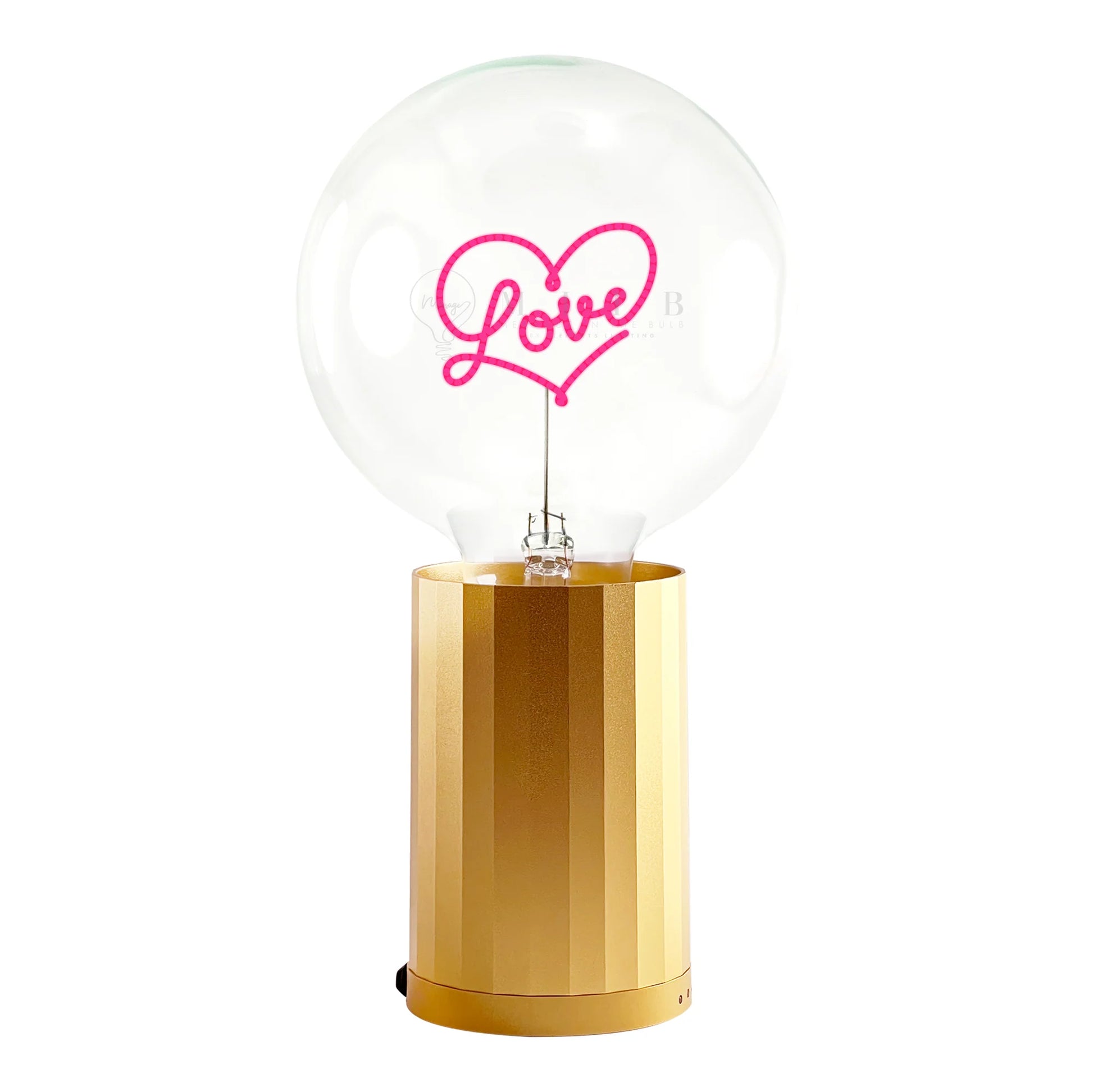 gold portable desk lamp with large lightbulb with pink heart and love text