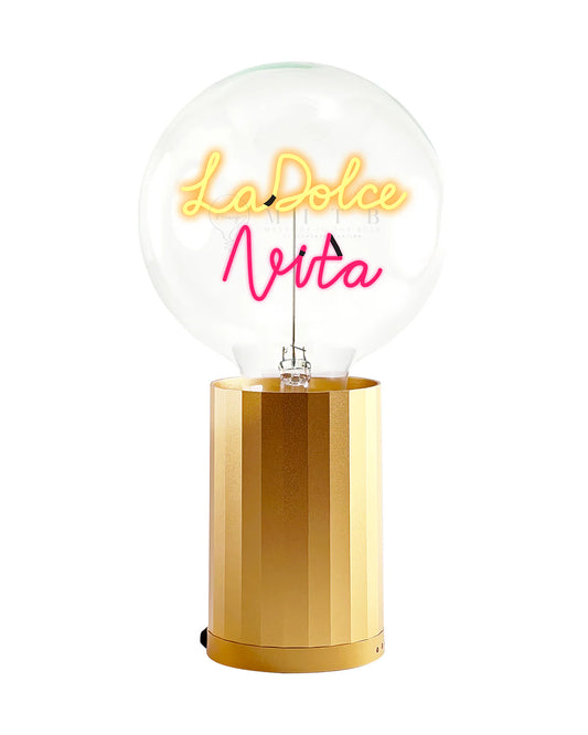 portable desk lamp gold base yellow and red LA DOLCE VITA text