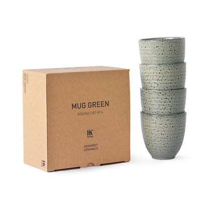 brown box and 4 green speckled organic shaped tumblers