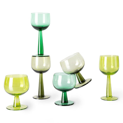 green colored wine glasses high and low stem