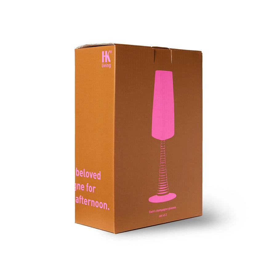 orange colored gift box with pink letters for set of champagne glasses