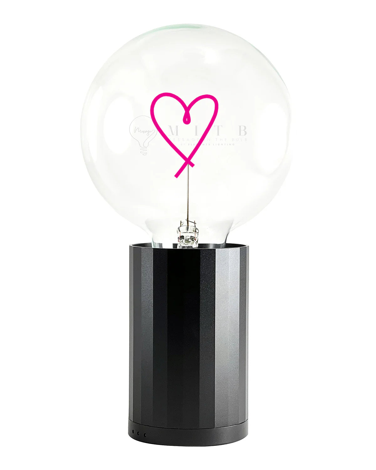 portable black aluminum base with large lightbulb with red heart