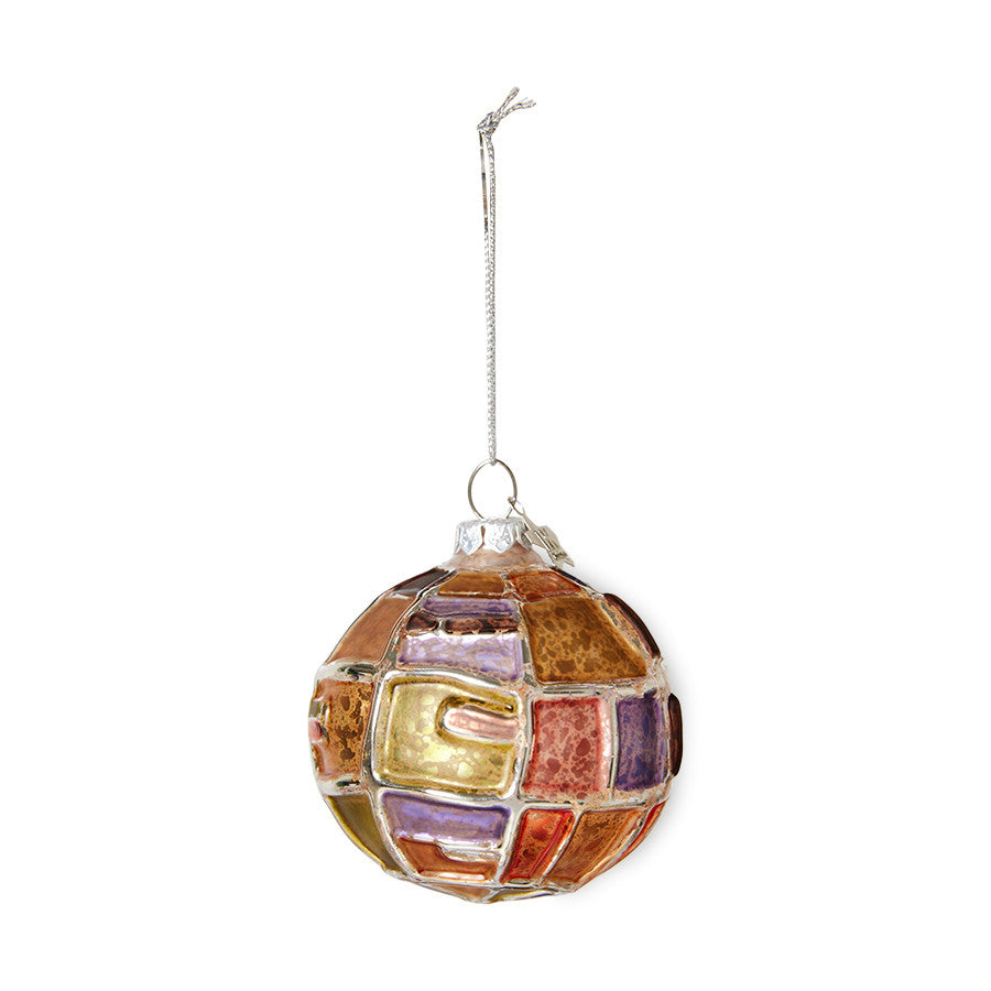 round, textures hand painted glass Christmas ornament with silver paint