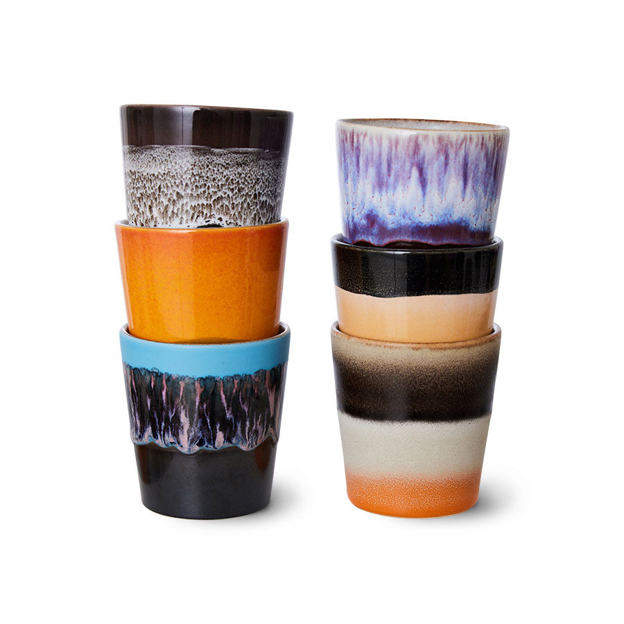 6 stoneware tumbler mugs in orange, purple, brown and blue tones with a shiny finish