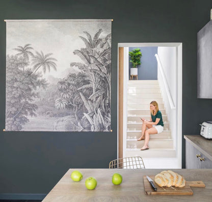 Kitchen with dark accent wall and cotton xxl jungle wallchart by hk living usa
