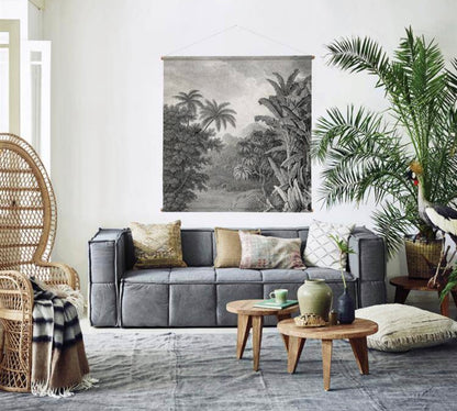 Living room with grey canvas couch and xxl jungle wall chart mural by hk living USA 
