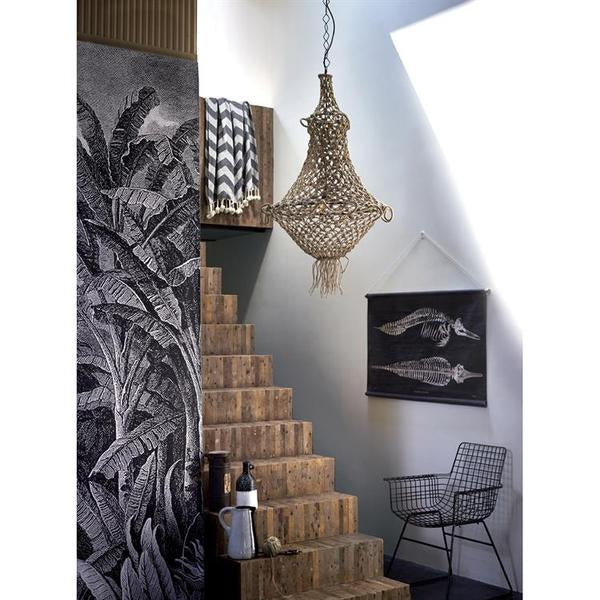 Bohemian style, hand knotted rope chandelier in hallway