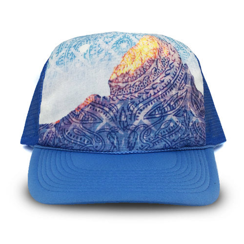 Heidi Michele Design desrt moon trucker hat with blue cap fabric design by Holli Zollinger