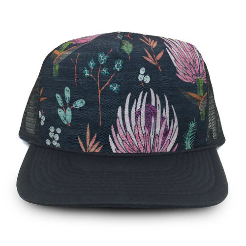 charcoal trucker hat with floral fabric patch