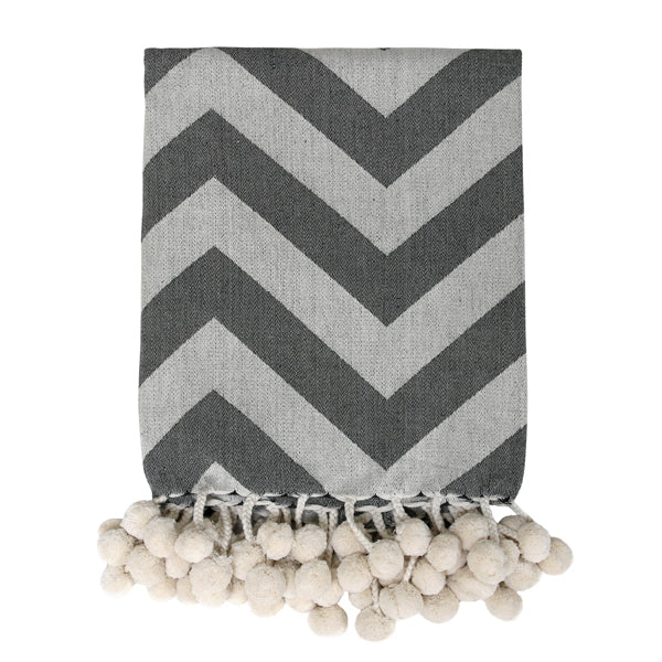 grey throw blanket with chevron stripes and pompoms