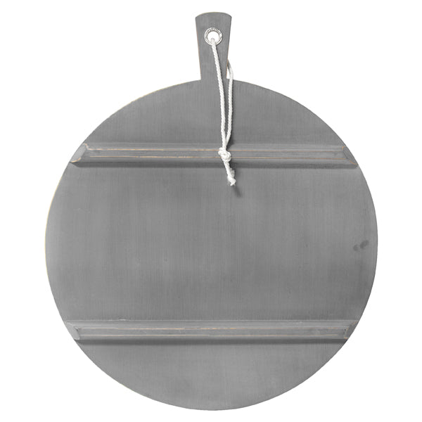 big wooden cheeseboard with grey bottem and iron ring for hanging