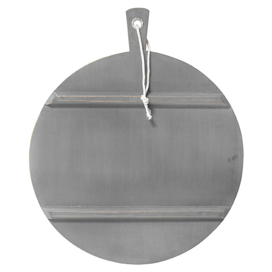 big wooden cheeseboard with grey bottem and iron ring for hanging