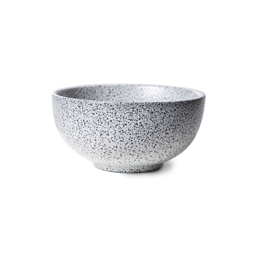stoneware bowl in off white with dark grey speckles 