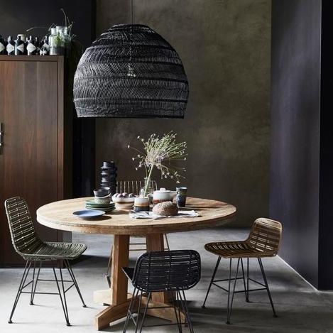 Dining room with black handwoven basket pendant light