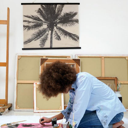 Studio space with cool wall decoration of palm tree on cotton