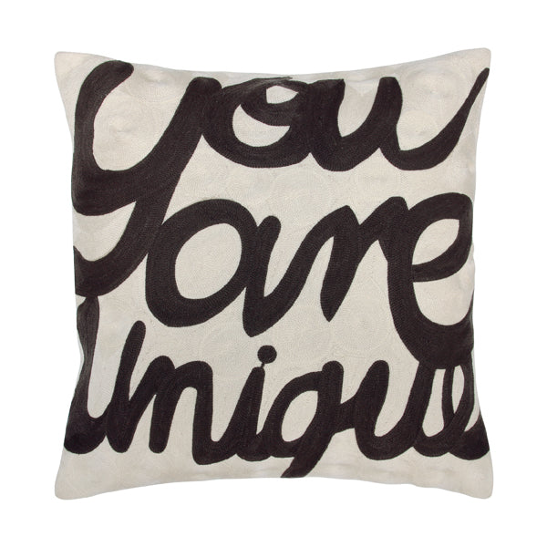 black hand embroiled You are Unique appilcation on a natural cotton throw pillow with feather and foam filling