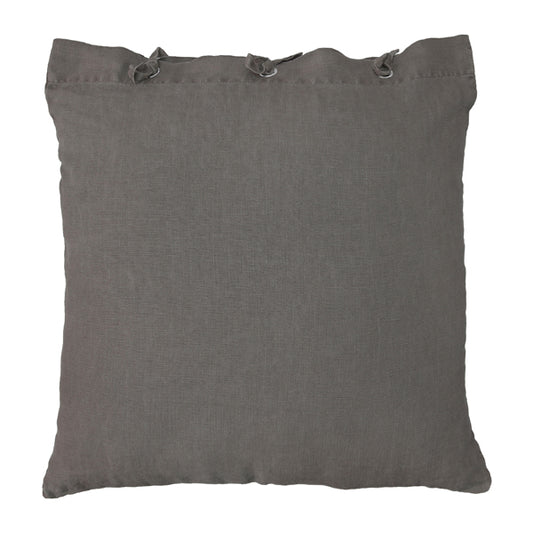 natural line taupe colred throw pillow with eyelets and ribbons on top