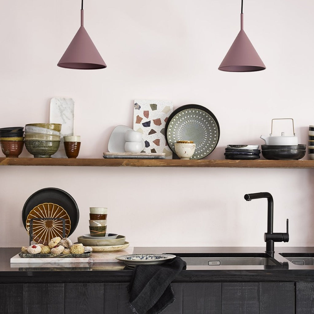 open shelving kitchen with HK living usa ceramics and maroon pendant lights