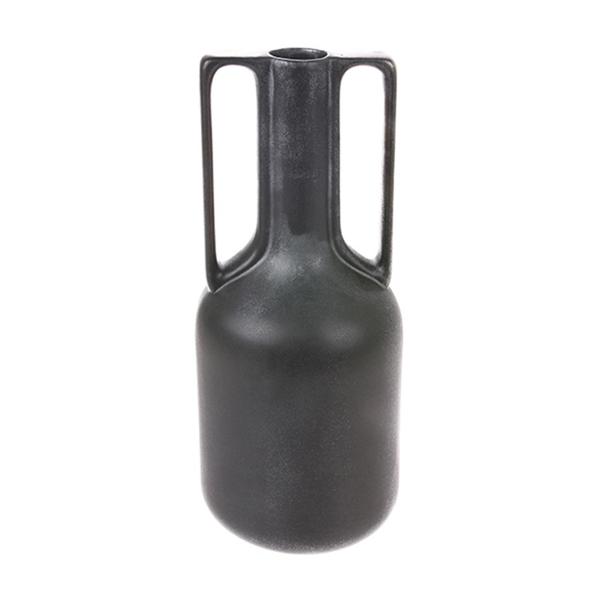 black ceramic vase with two handles