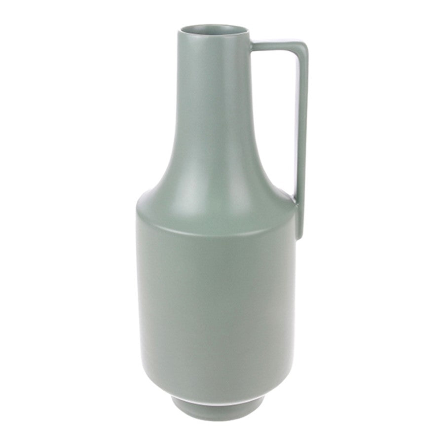 tall green stoneware vase with one handle