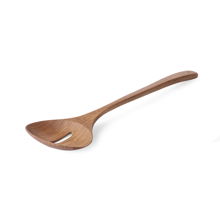 wooden ladle mwith hole made of teak wood