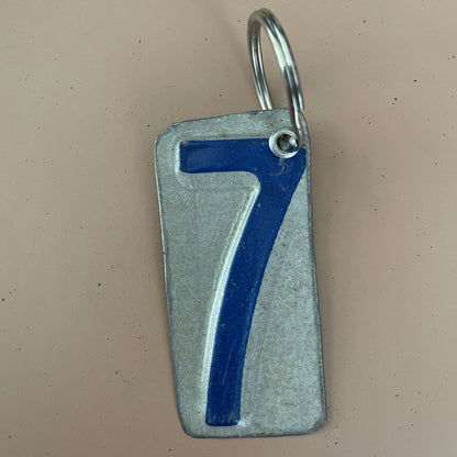 blue number 7 keychain from recycled license plate