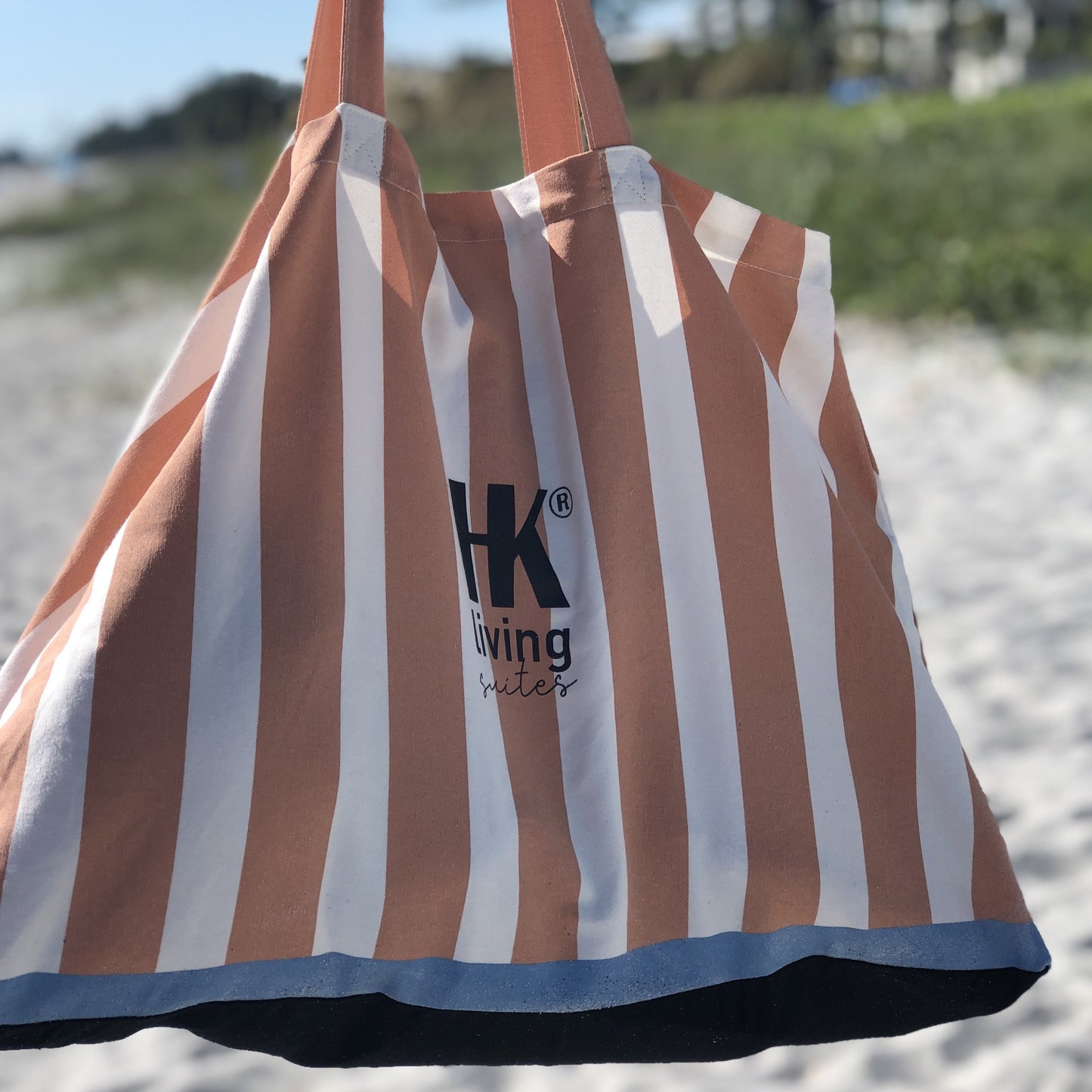 peach white and blue striped cotton beach bag with HKliving logo