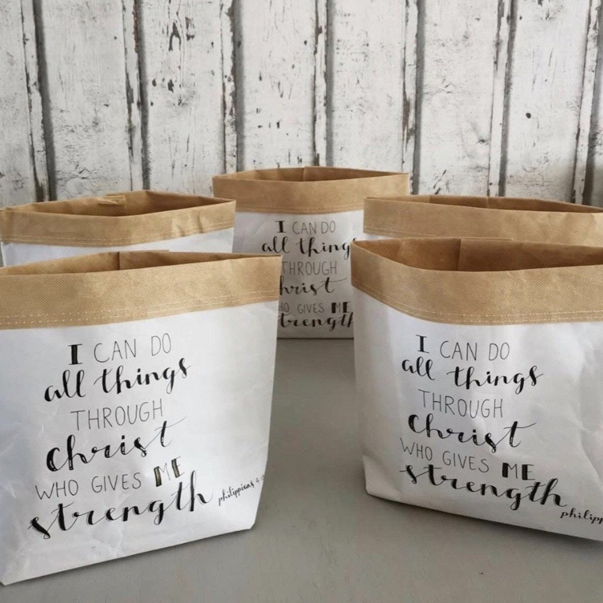 paper show bags with handlettering